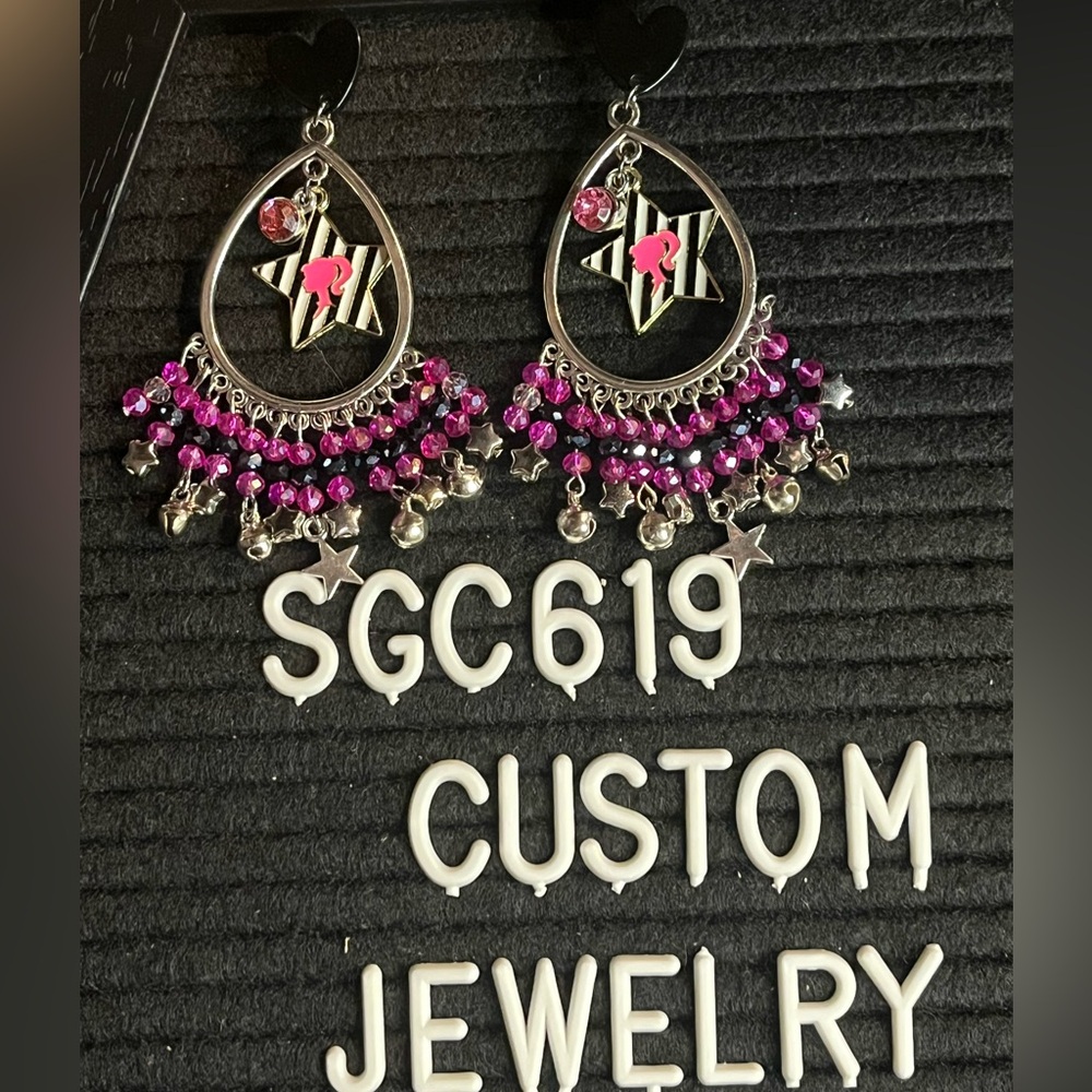 SGC619 stripped stars Barbie cameo boho pink and black earrings